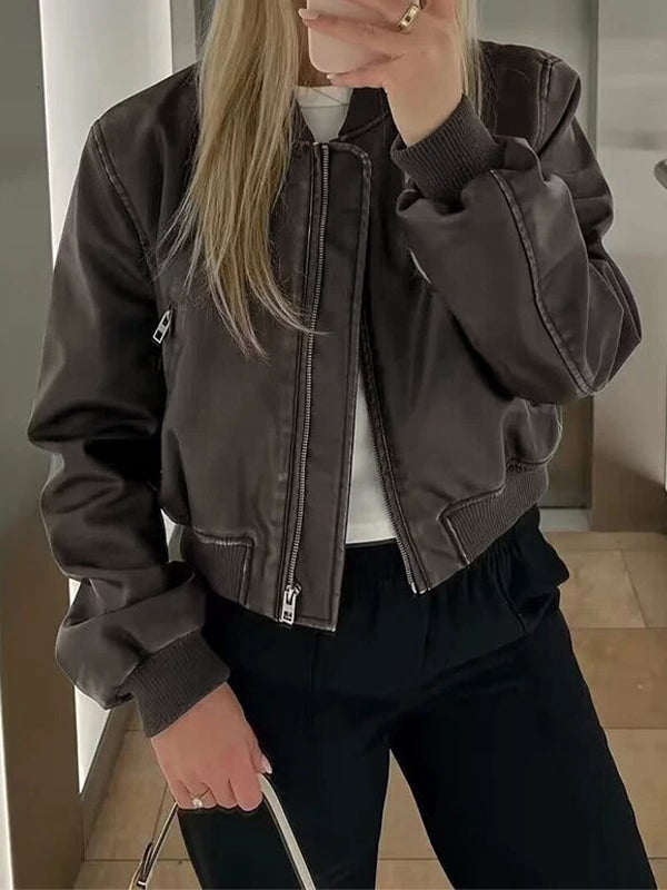 Drune | Einfarbige Leder Bomberjacke