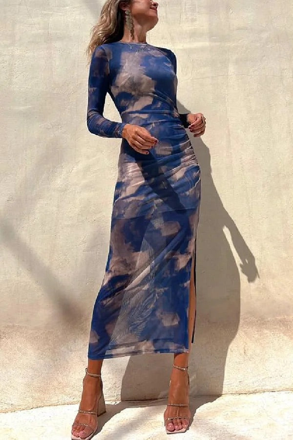 Drune | Charm Lady Mesh Overlay Tie Dye Print Langarm Rüsch Stretch Midi Kleid