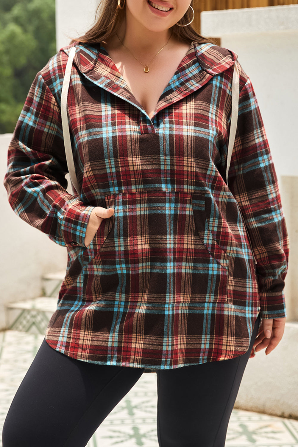Drune | Feuerrote Plus-Size Karokängurutaschen Kapuzenpullover mit Kordelzug