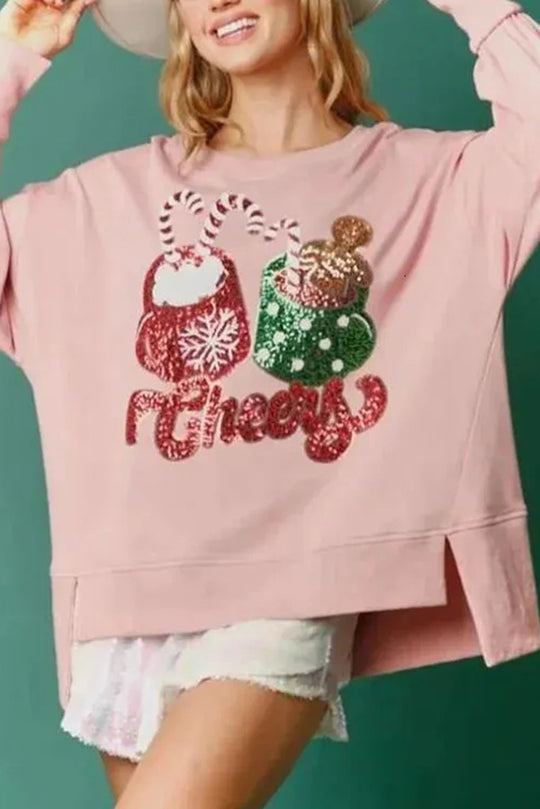 Drune | Weihnachts Süßigkeiten Tasse Pailletten Lässiger Lockere Sweatshirt