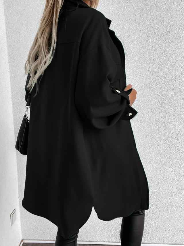 Drune | Comfortable long shirt jacket with buttons, wool collar and lapels