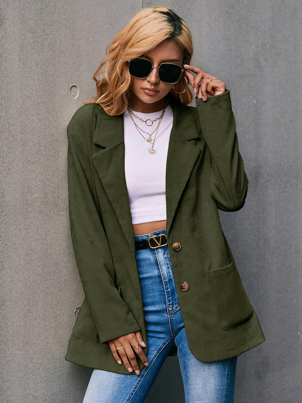 Drune | Corduroy Langarm Longline Blazer mit Taschen
