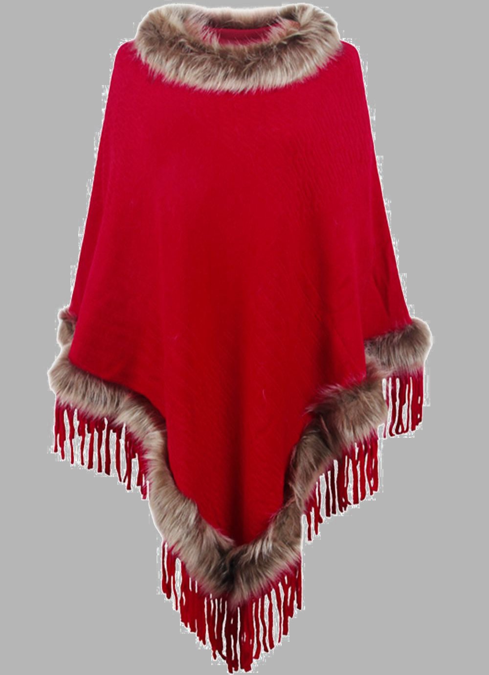 Drune | Elegante Damen Poncho mit Pelzkragen und Fransen