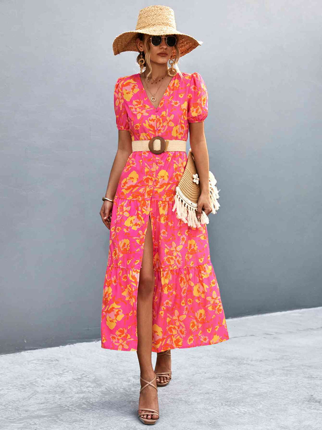 Drune | V-Ausschnitt Kurzarm Hohe Schlitz Midi Kleid