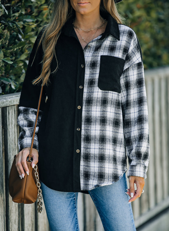 Drune | Karierte Farbblock Gefallen Schulter Corduroy Shacket