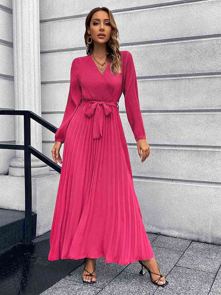 Drune | V-Ausschnitt Bindegürtel Falten Maxi Kleid