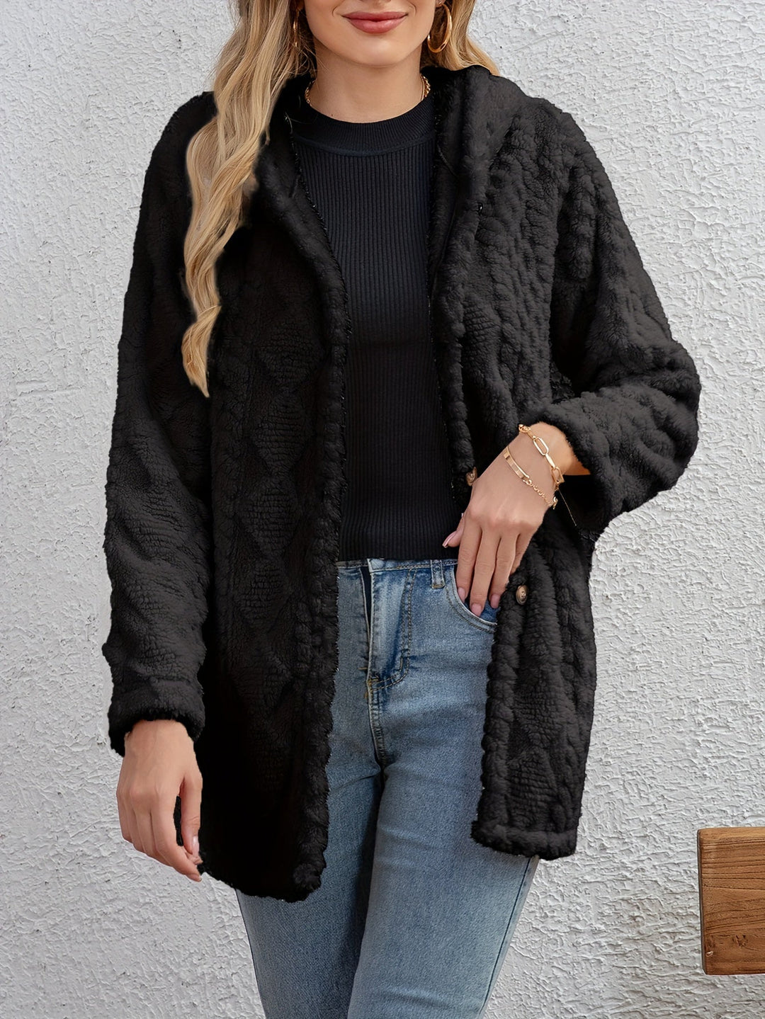 Drune | Fluffy Kapuzenjacke mit Knöpfen Polyester Weich und Warm