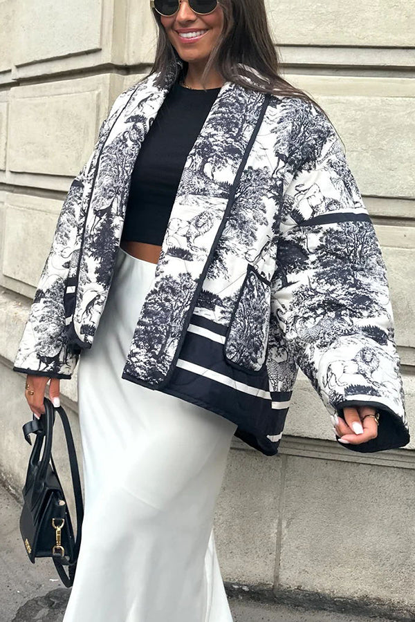 Drune | Songs Porzellan Tinte Bedruckte Tasche Gesteppt Baumwolle Kimono Jacke
