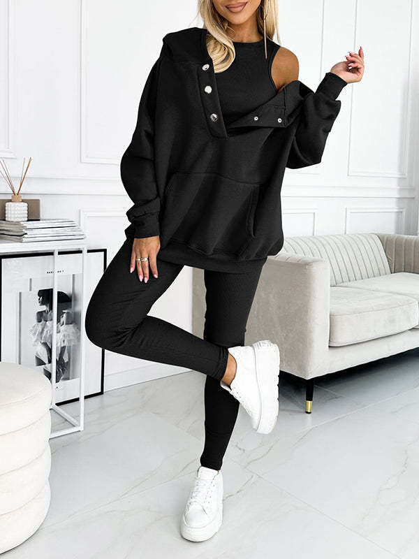 Drune | 3-teiliges Damen-Sportanzug mit lockerem Kapuzenpullover und Slim-Hosen