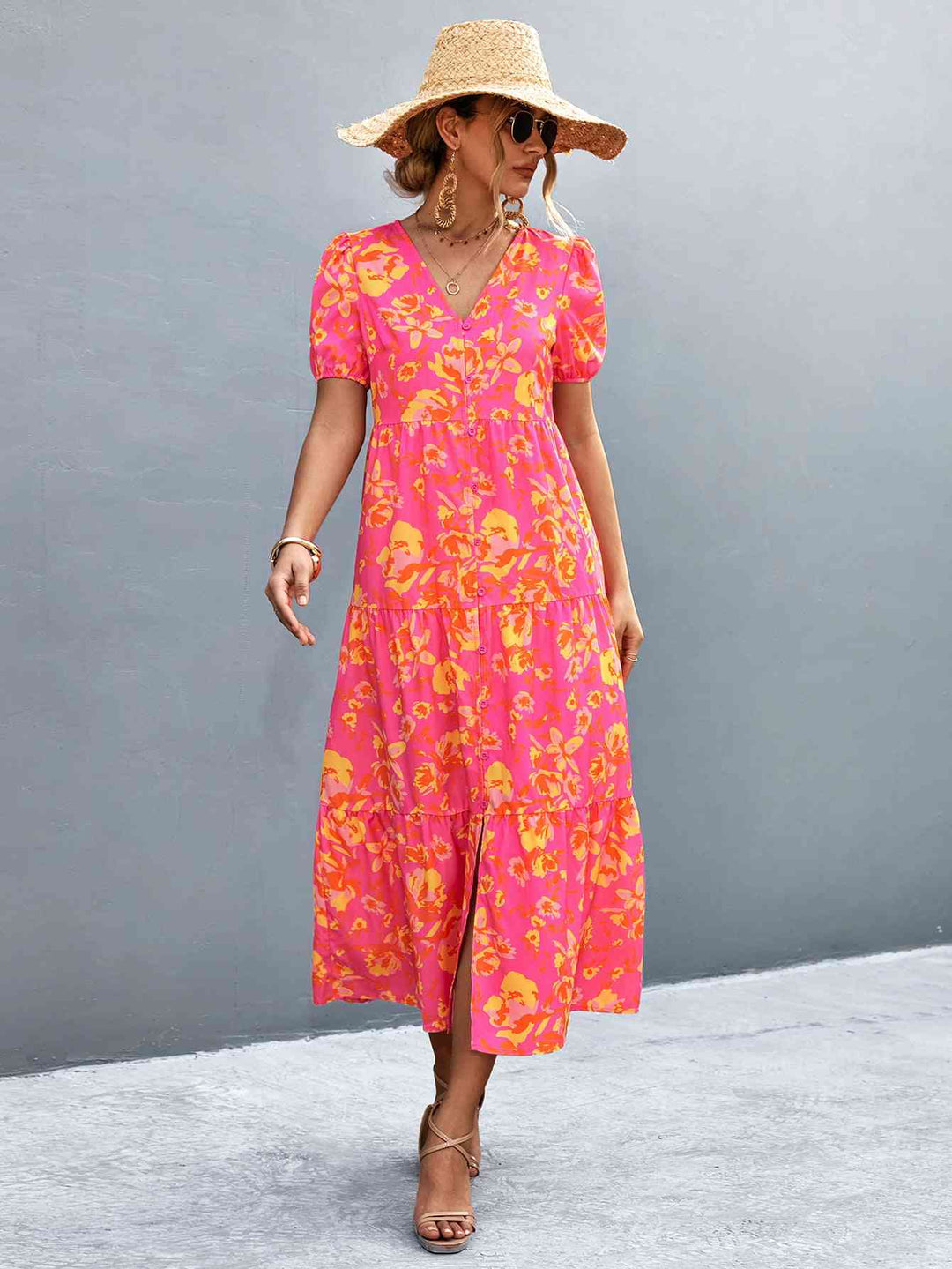 Drune | V-Ausschnitt Kurzarm Hohe Schlitz Midi Kleid