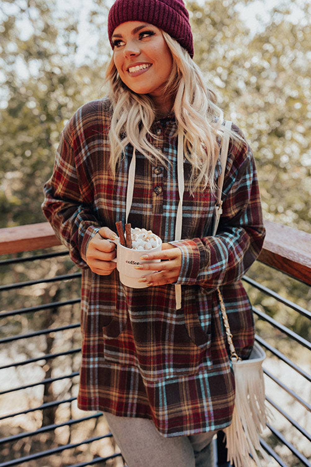 Drune | Feuerrote Plus-Size Karokängurutaschen Kapuzenpullover mit Kordelzug