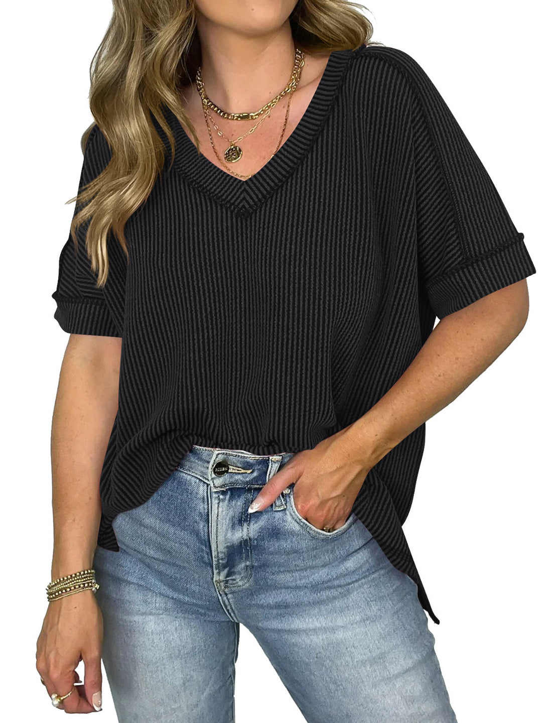 Drune | Cord-Ripp V-Ausschnitt Kurzarm T-Shirt