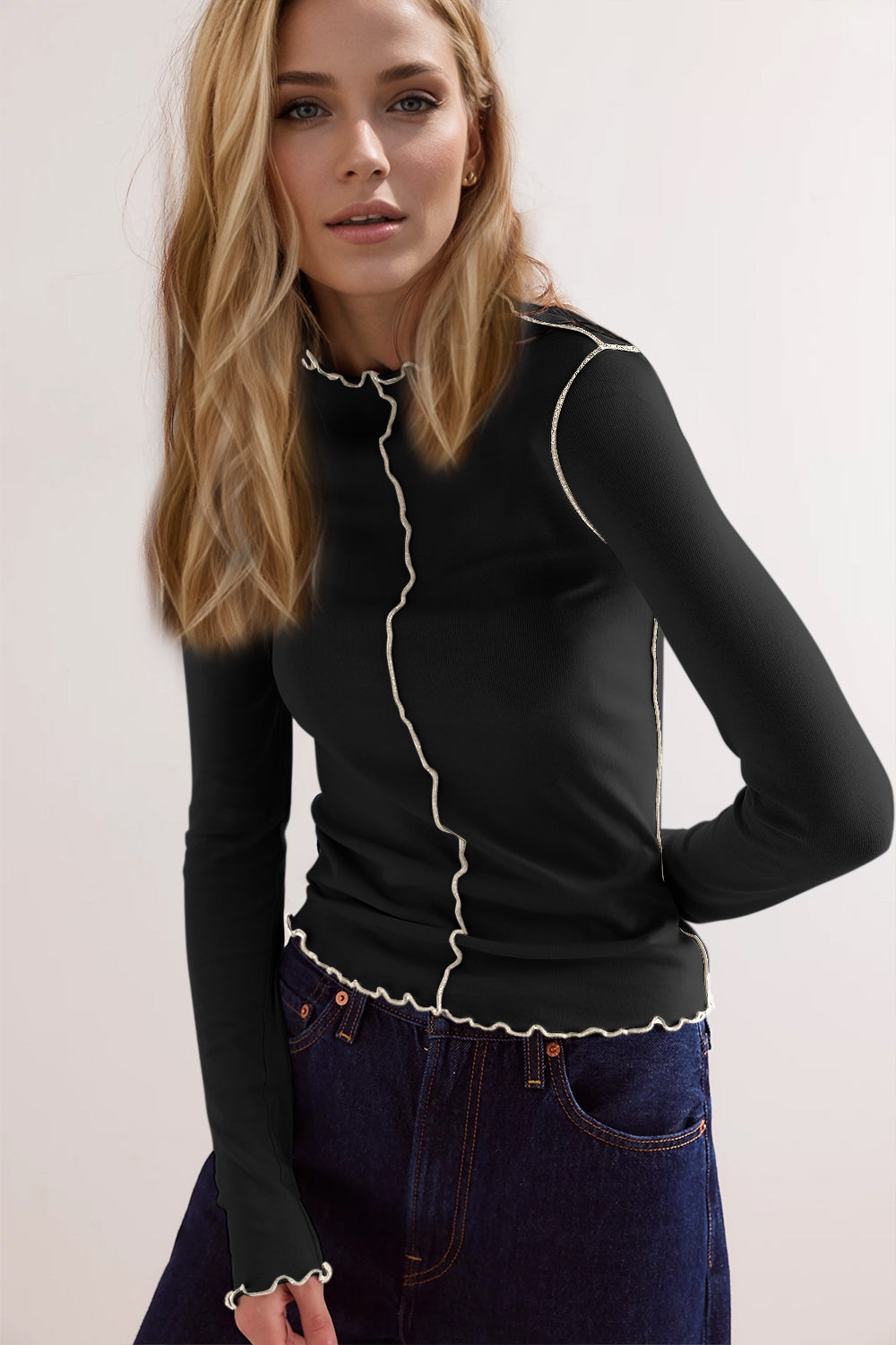 Drune | Basic Bae Kontrastbesatz Mock Neck Langarm T-Shirt