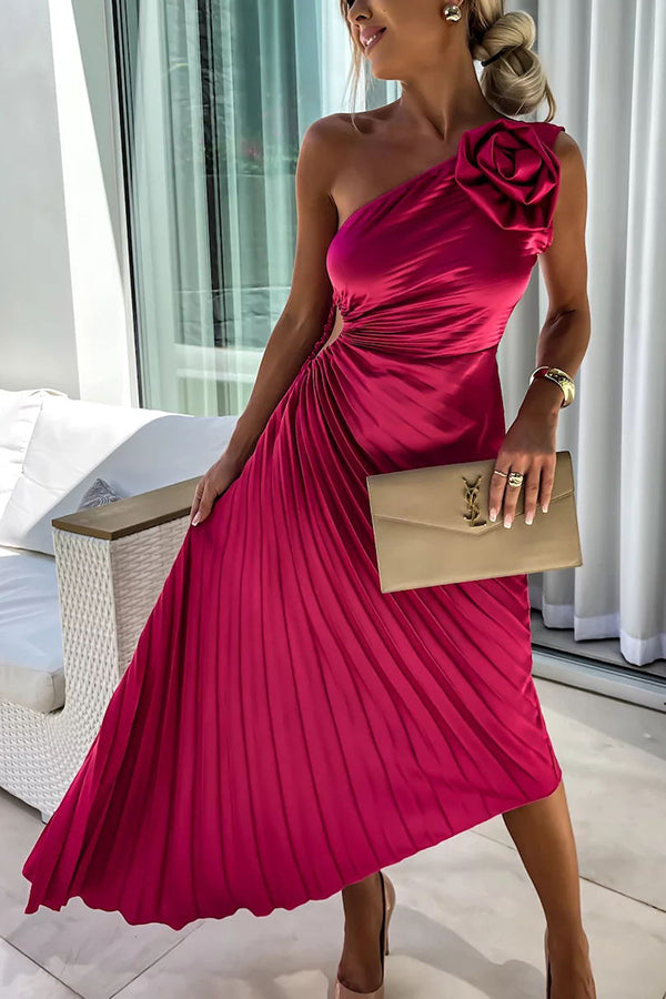 Drune | Romantische Nächte Satin Erhabenes Blumen Elastisches Cutout Ein-Schulter Plissee Maxi Kleid