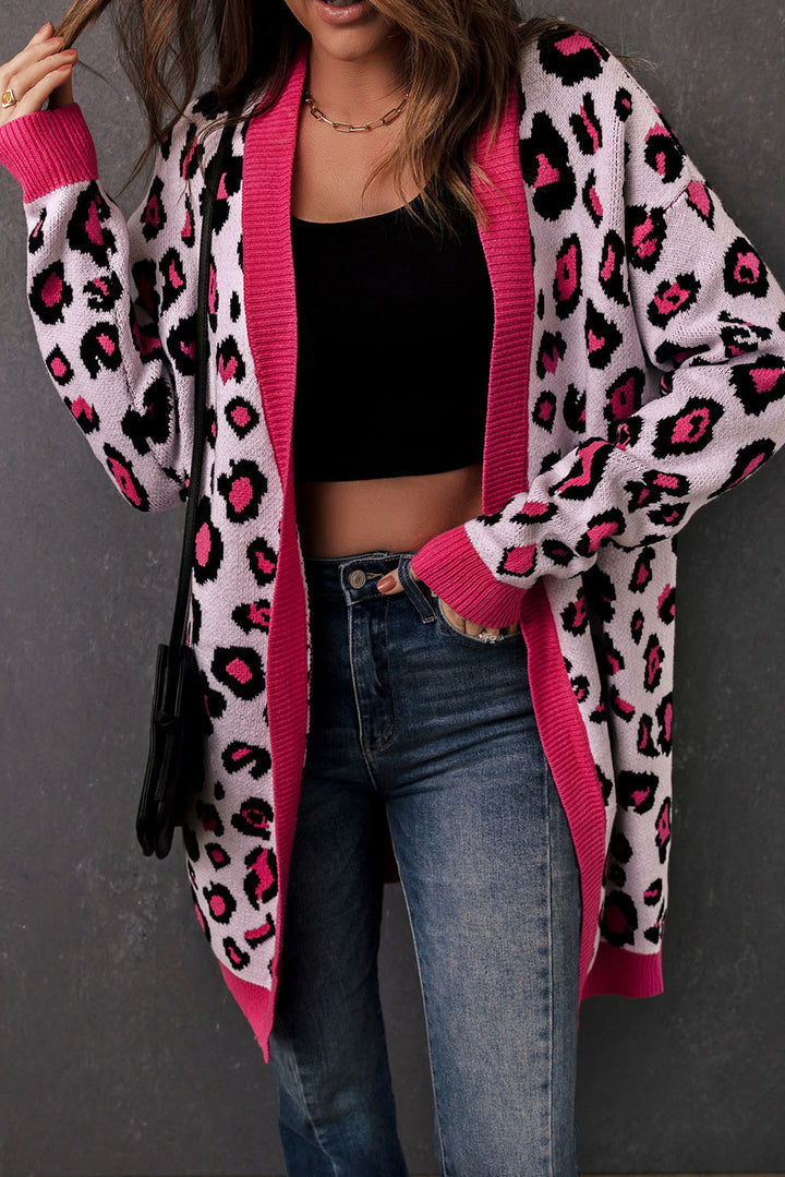 Drune | Leopard-Kontrastbesatz Offene Vorderseite Langarmlange Strickjacke