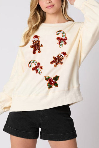 Drune | Weihnachts Lebkuchenmann Paillette Lässig Langarm Sweatshirt