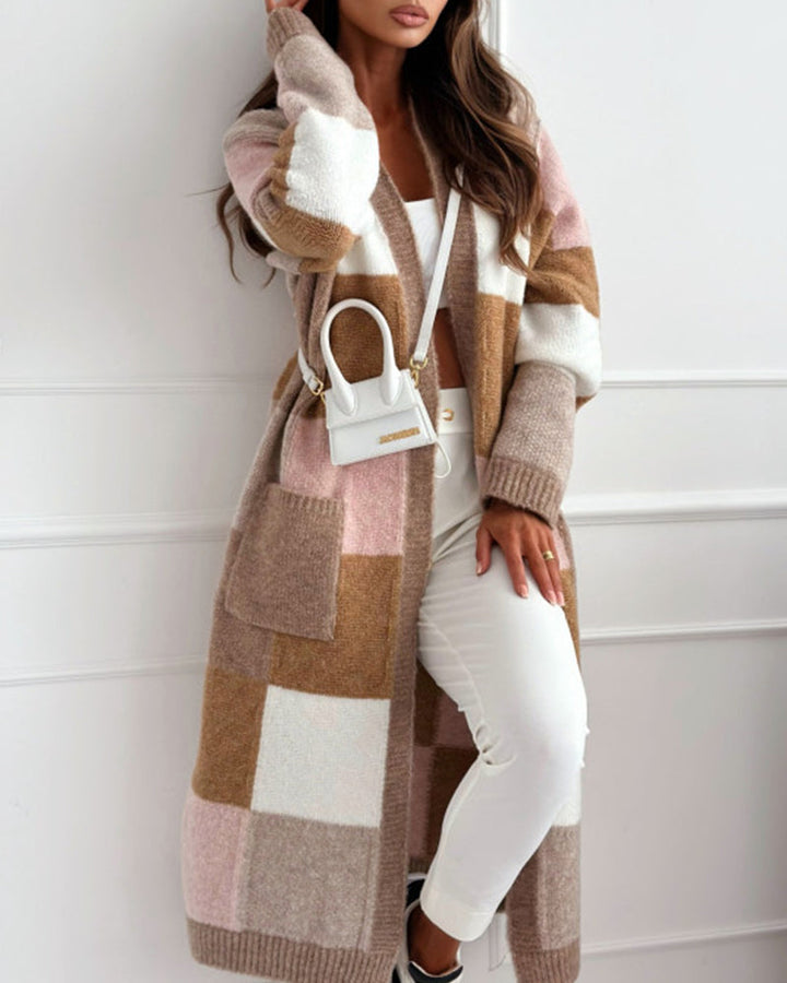 Drune | Lässiger Lockerer Cardigan mit Kontrastkaromuster und Tasche