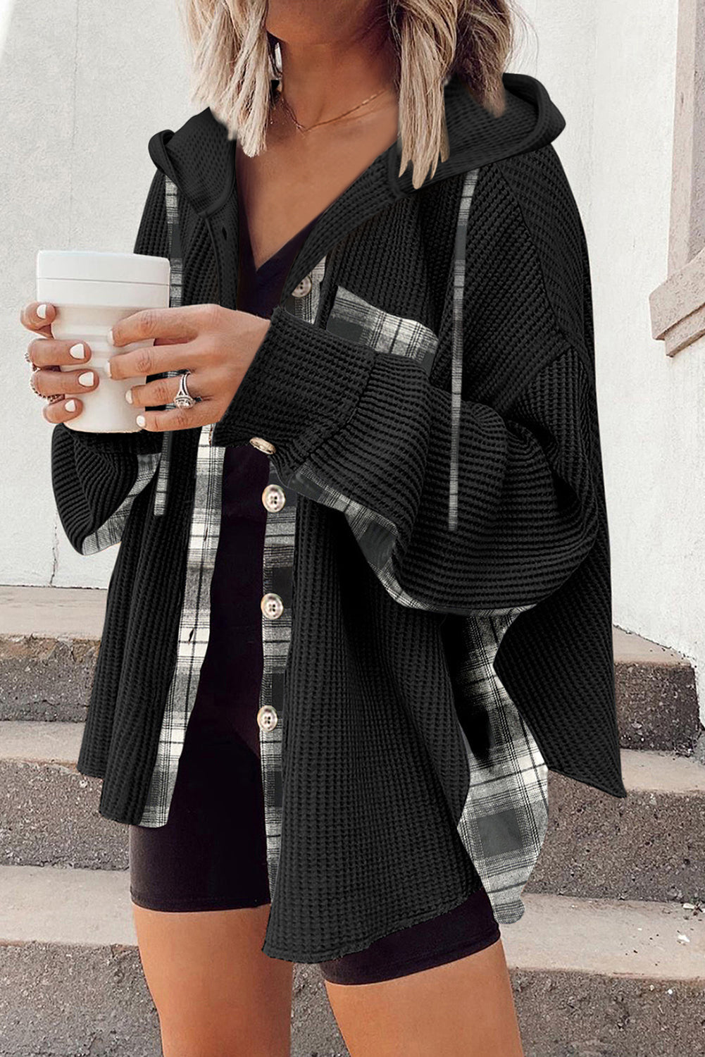 Drune | Oversized Hemdjacke mit Kapuze Geripptes und Kariertes Design Bequem und Trendy