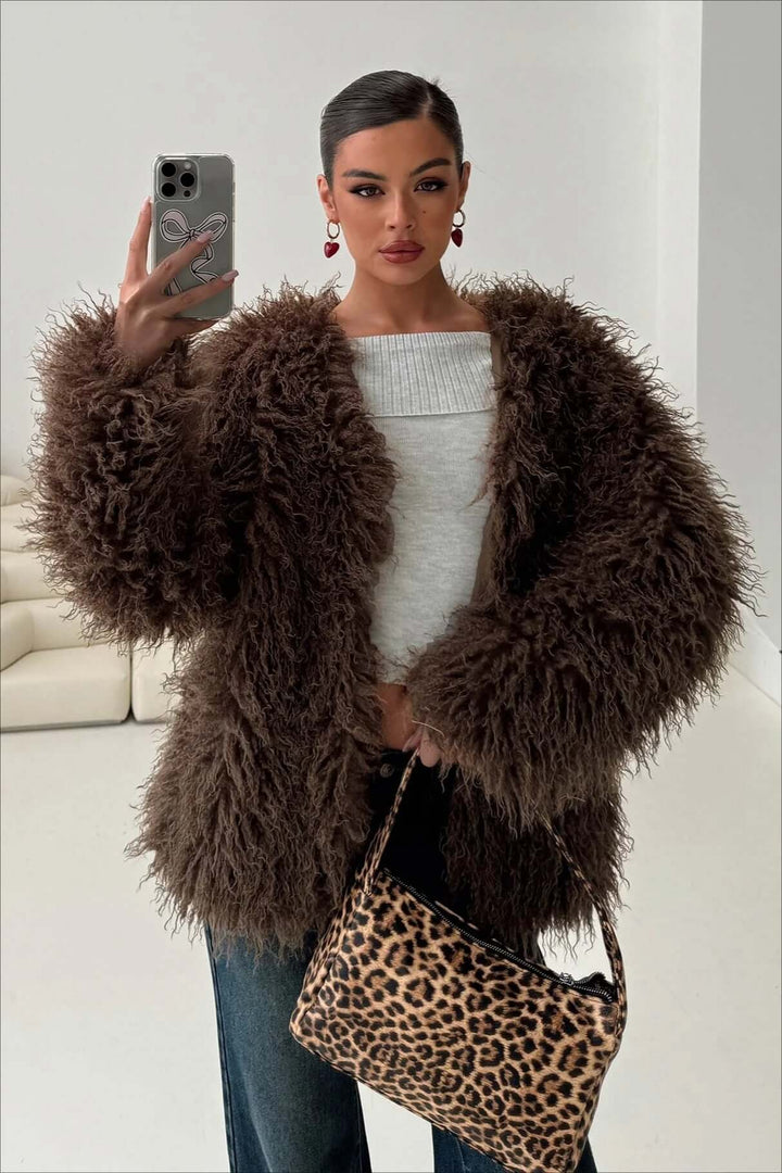 Drune | Fluffy Brown Faux Fur Übergroße Jacke