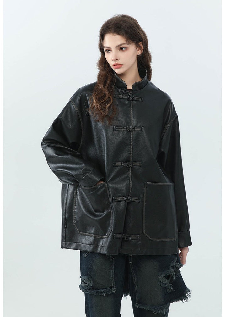 Drune | Stehkragen PU Lederjacke