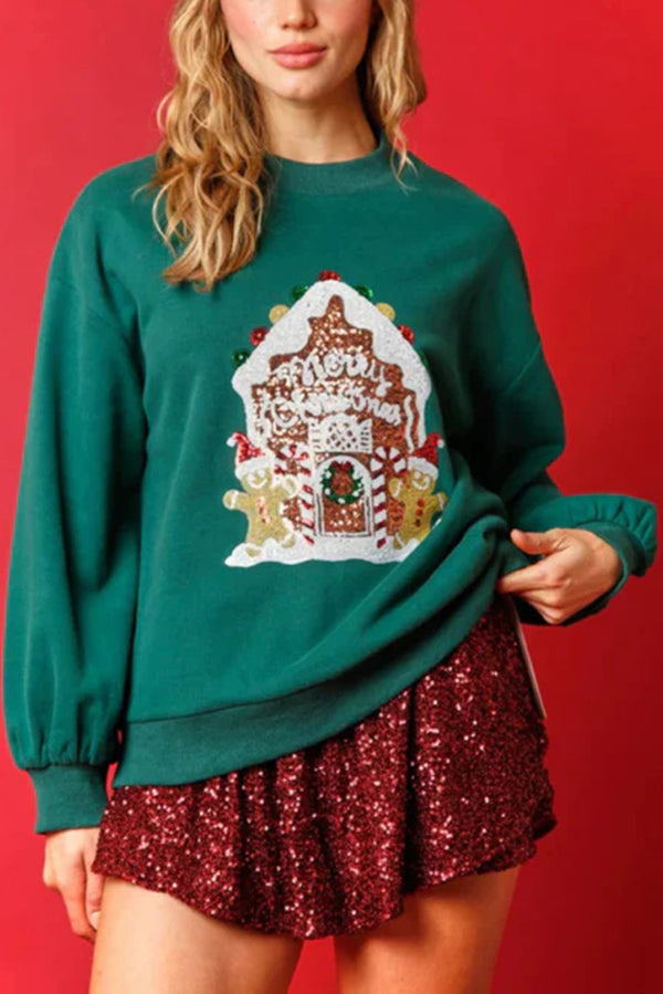 Drune | Weihnachts Süßigkeitenhaus Pailletten Lässiger Lockere Pullover