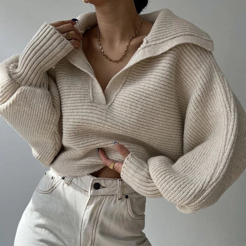 Drune | Cozy knitted sweater with lantern sleeves and open collar