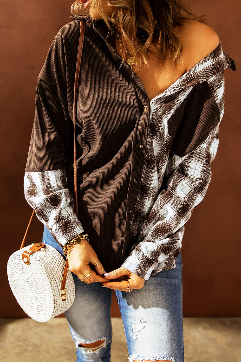Drune | Karierte Farbblock Gefallen Schulter Corduroy Shacket