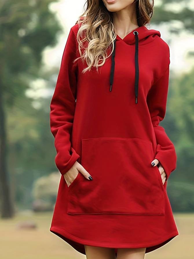 Drune - Rotes Kapuzen Sweatshirtkleid mit Taschen