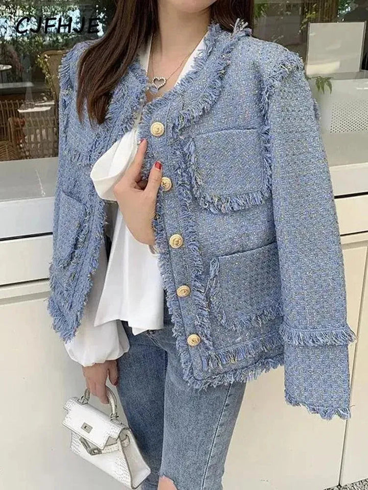Drune | Elegante blaue Quasten Tweedjacke Frauen