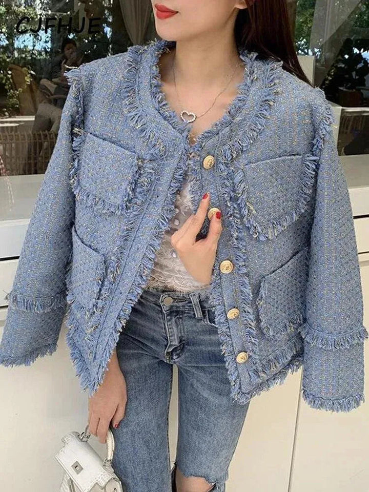 Drune | Elegante blaue Quasten Tweedjacke Frauen