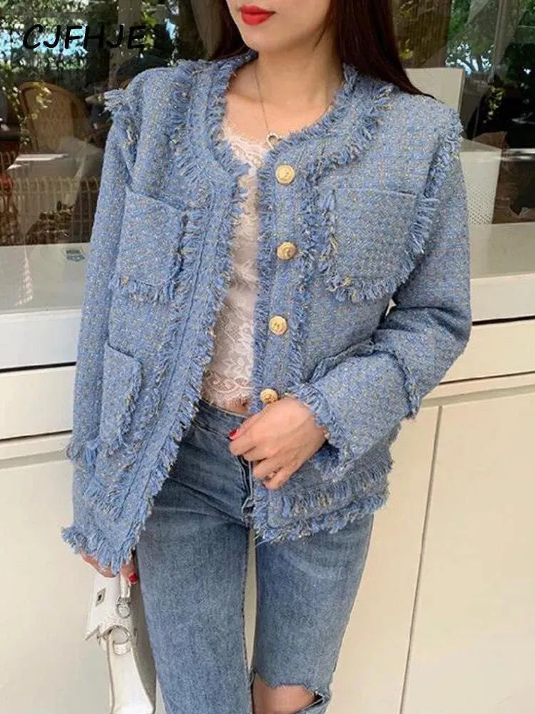 Drune | Elegante blaue Quasten Tweedjacke Frauen