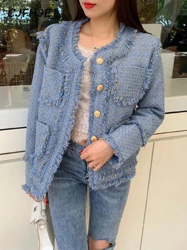Drune | Elegante blaue Quasten Tweedjacke Frauen