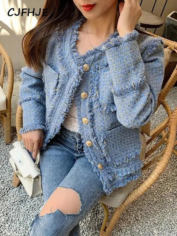 Drune | Elegante blaue Quasten Tweedjacke Frauen