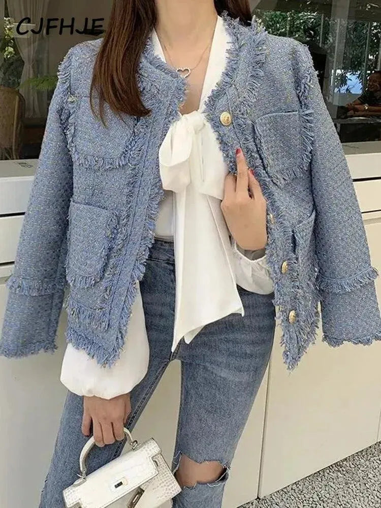 Drune | Elegante blaue Quasten Tweedjacke Frauen