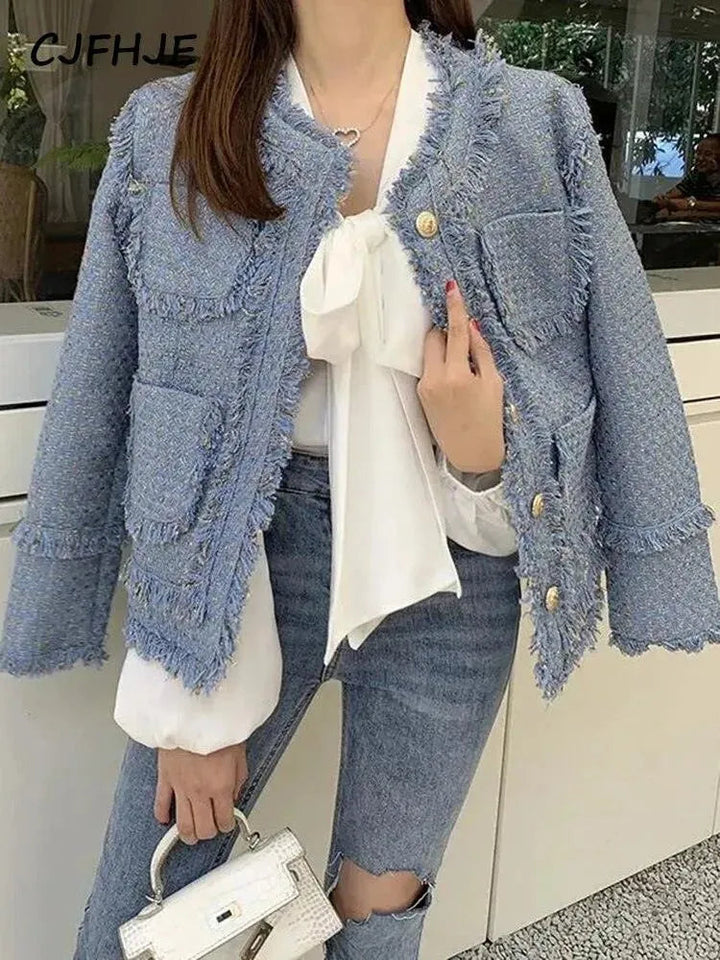 Drune | Elegante blaue Quasten Tweedjacke Frauen