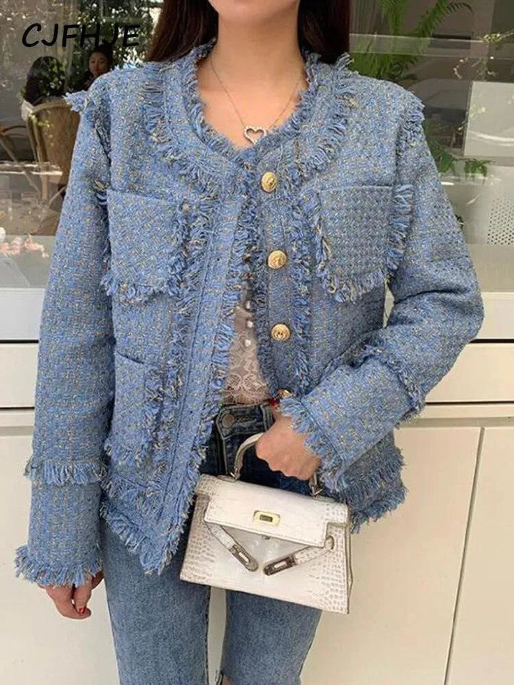 Drune | Elegante blaue Quasten Tweedjacke Frauen