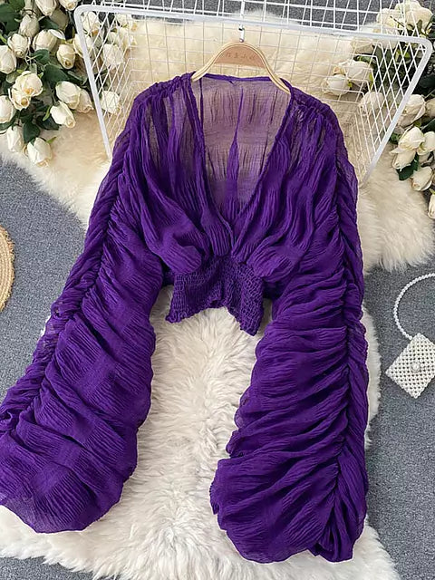 Drune | Elegantes Chiffon V-Leder Puff Lange Ärmel Kurze Tops