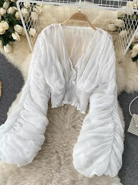 Drune | Elegantes Chiffon V-Leder Puff Lange Ärmel Kurze Tops