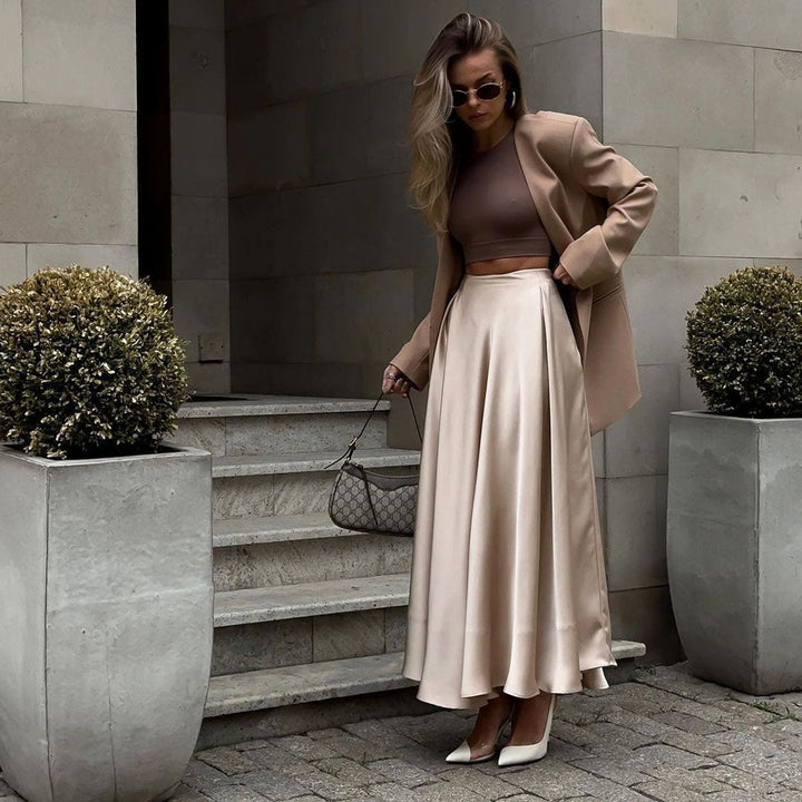 Drune | Elegante Hoch Taille Ausgestellte A-Linie Polierte Satin Falten Midi Rock