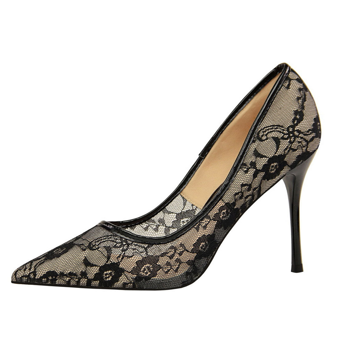 Drune | Elegante Spitz Zulaufende Blumenspitze Mesh Stiletto Absatzpumps