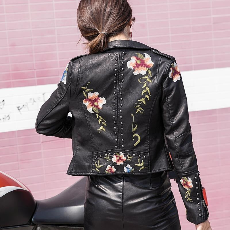 Drune | Bestickte Frauen Kunstleder Bikerjacke