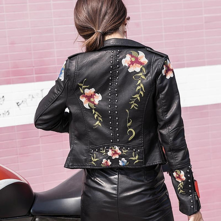 Drune | Bestickte Frauen Kunstleder Bikerjacke