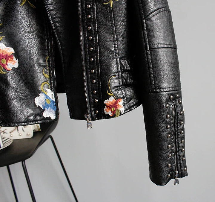 Drune | Bestickte Frauen Kunstleder Bikerjacke