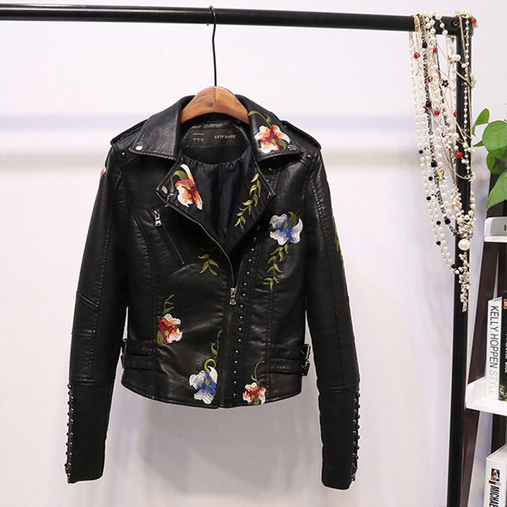 Drune | Bestickte Frauen Kunstleder Bikerjacke
