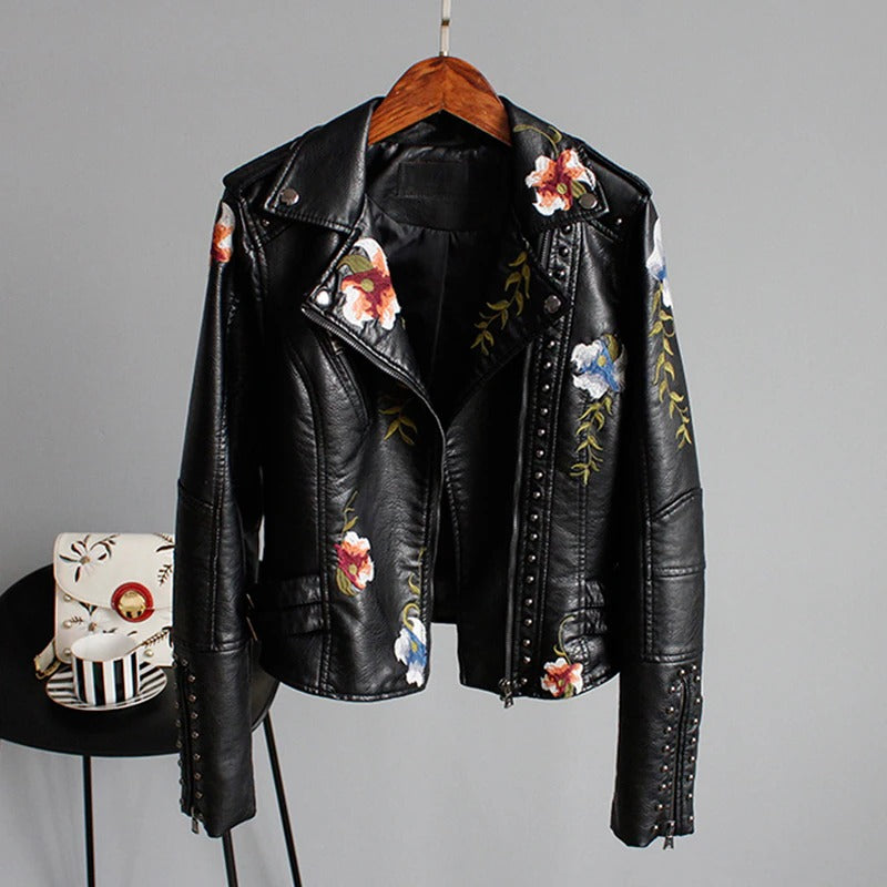 Drune | Bestickte Frauen Kunstleder Bikerjacke