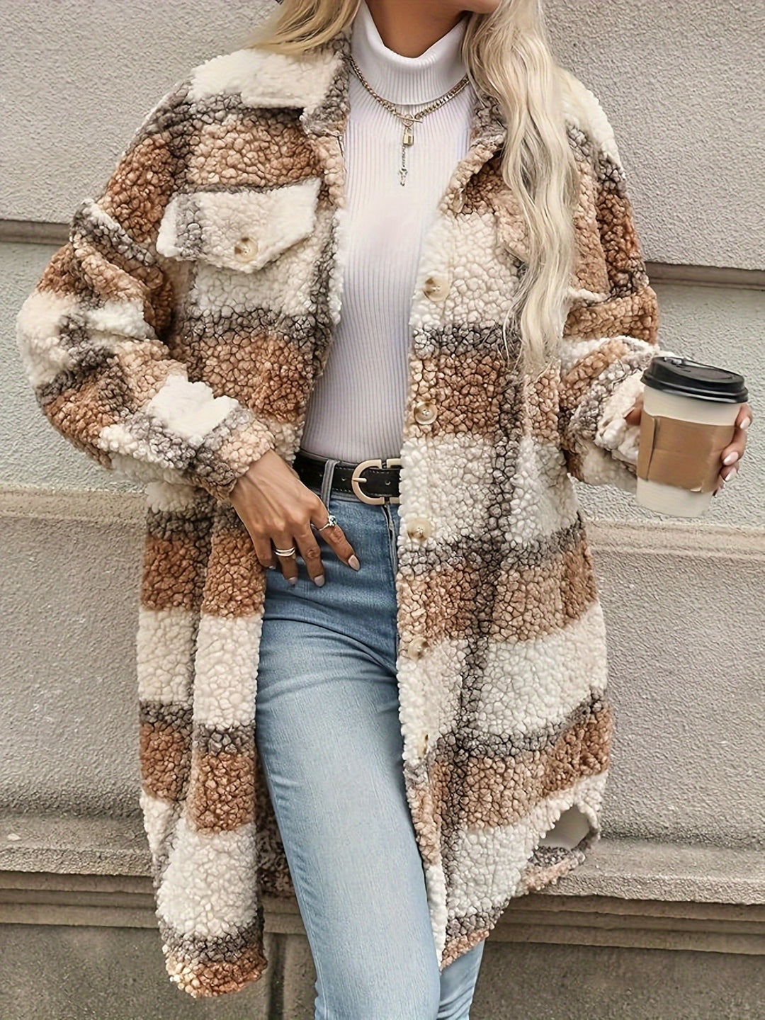 Drune | Karierter Knopfjacke mit fuzzy Muster