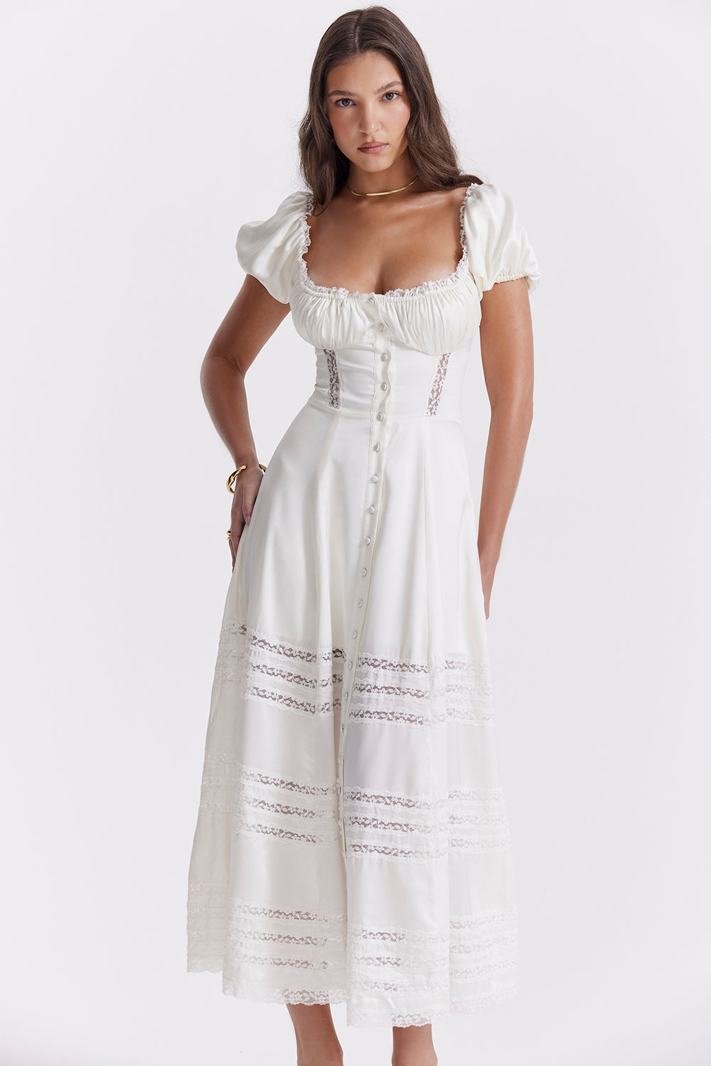 Drune | Elfenbeinfarbendes Kleid aus Echtem Seide mit Puffärmeln