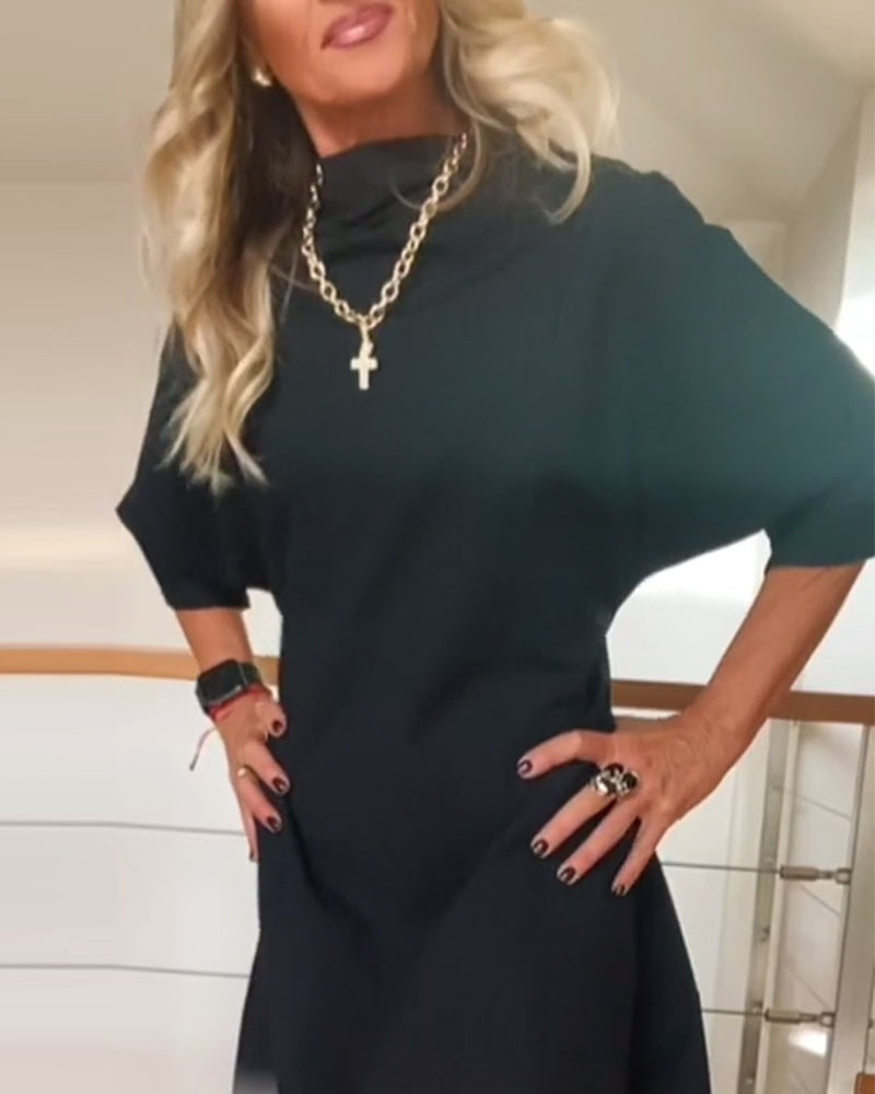 Drune | Einfarbiges Lockeres Freizeitkleid mit Hohem Kragen