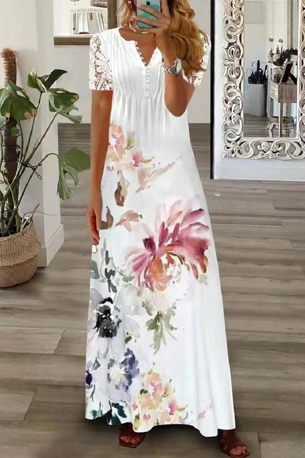 Drune | Boho Floral V-Ausschnitt Knopf Spitzenärmel Ferien Strand Maxikleid