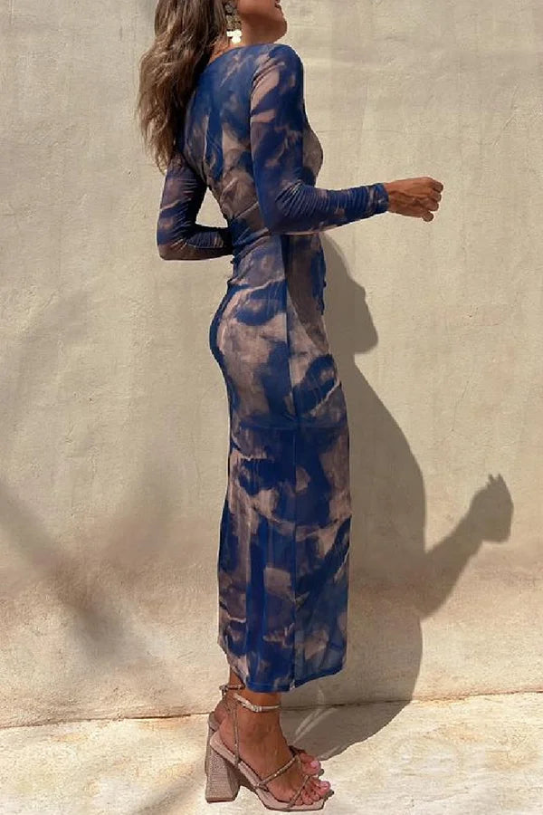 Drune | Charm Lady Mesh Overlay Tie Dye Print Langarm Rüsch Stretch Midi Kleid